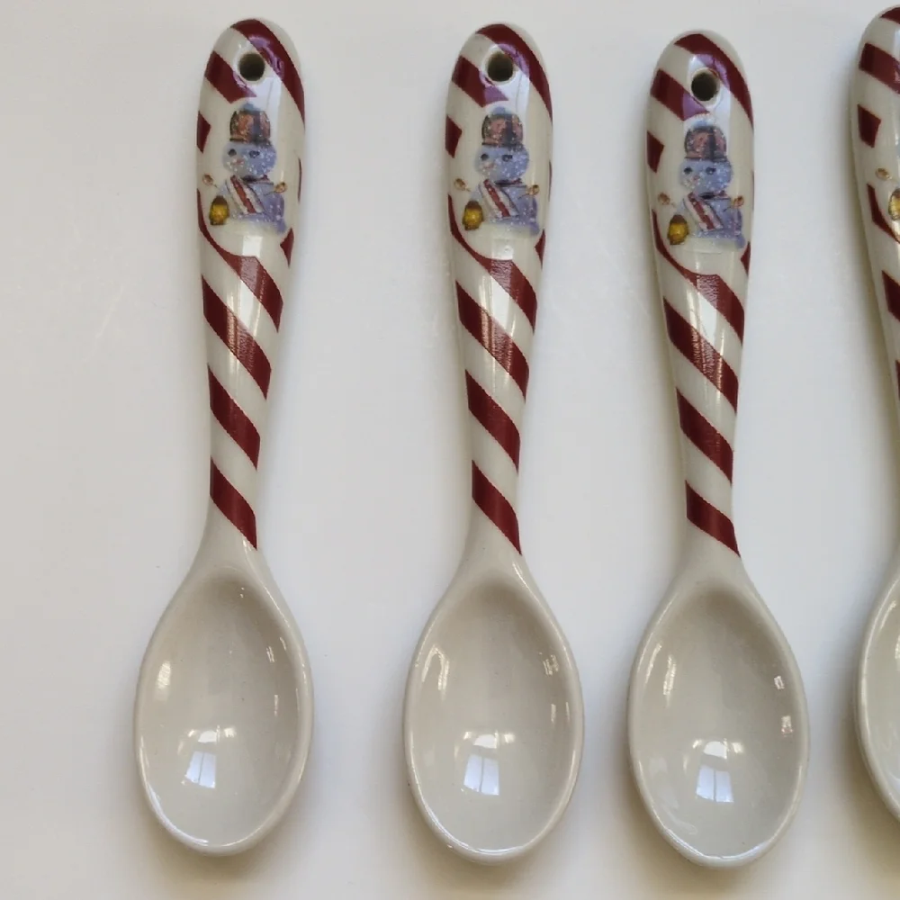 8 Williams Sonoma Ceramic Snowman Christmas Spoons - Red‎ Striped Holiday EUC